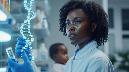 Fototapeta na wymiar African-American lab technician wearing a medical scrubs and cap in a well-lit modern laboratory looks at a spiral of DNA in a test tube. In the background, the future depicted child is imagined..
