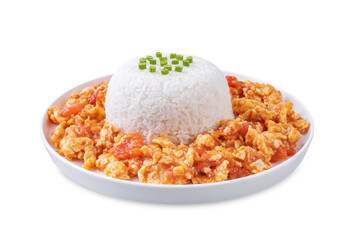 Tomato and eggs stir fry on a white isolated background