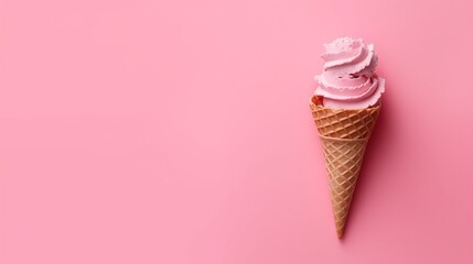 Ice cream cone with strawberry flavor and fresh berries on a pink background with space for text. Banner
Concept: sweet cold dessert, summer mood