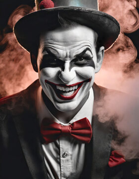 An evil clown in swirling smoke