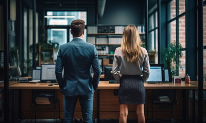 partnerzy biznesowi, kobieta i mężczyzna stojący plecami do kamery w biurze, w tle nowoczesne biuro