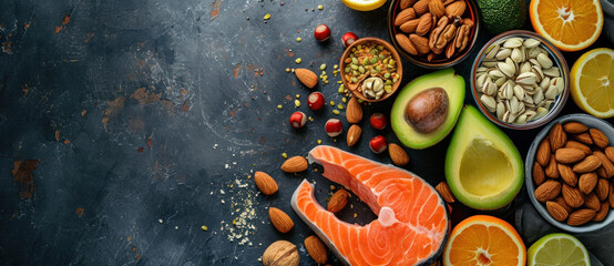 A spread of heart-healthy foods: salmon, nuts, and avocados, rich in omega-3 and good fats, on a dark slate