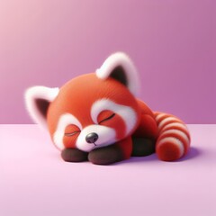 Сute fluffy baby red panda toy sleeping on a pastel purple background. Minimal adorable animals concept. Wide screen wallpaper. Web banner with copy space for design.