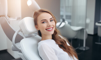 młoda dziewczyna na fotelu dentystycznym, białe zęby, nowoczesny jasny gabinet - obrazy, fototapety, plakaty