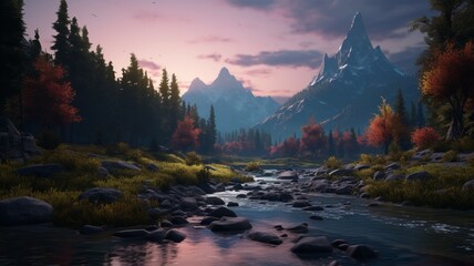 A moonlit plateau, surrounded by towering peaks, with a tranquil river winding through the heart of the mountainous expanse -Generative Ai
