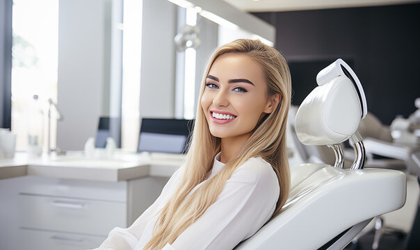 młoda dziewczyna na fotelu dentystycznym, białe zęby, nowoczesny jasny gabinet