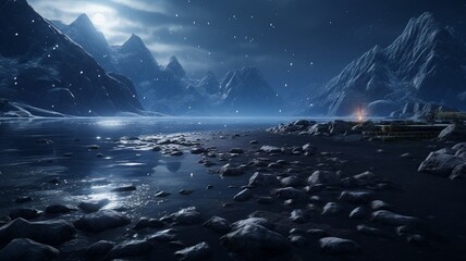 A moonlit seascape framed by towering peaks, where the calm waters gently reflect the silvery glow of the night sky over the rugged mountains -Generative Ai
