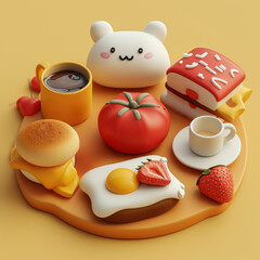 Adorable breakfast items with cute faces on a yellow background