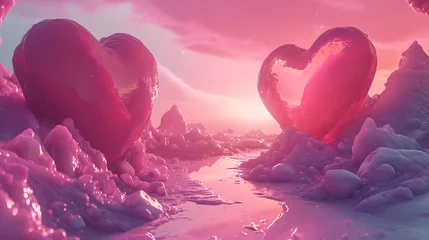 Fotobehang Amidst a winter wonderland, two magenta heart-shaped ice sculptures glisten in the snow, their pink hues capturing the essence of love and romance in a single screenshot © Reiskuchen