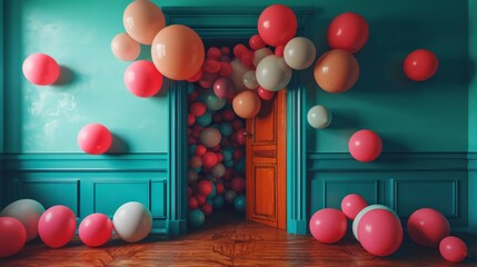 Fototapeta na wymiar A cascade of colorful balloons pouring out from an open door into a room