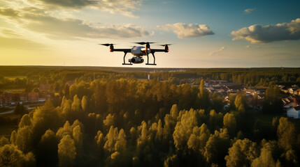 Drone with camera filming landscapes from high above the ground. Surveillance drone inspecting the surroundings.