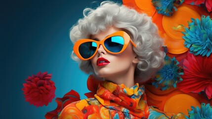 Eccentric woman on background in vibrant colors. Fashion shoot