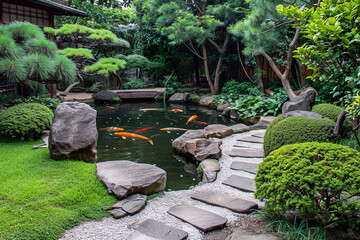 tranquil zen garden with stone pathways and a calm koi pond