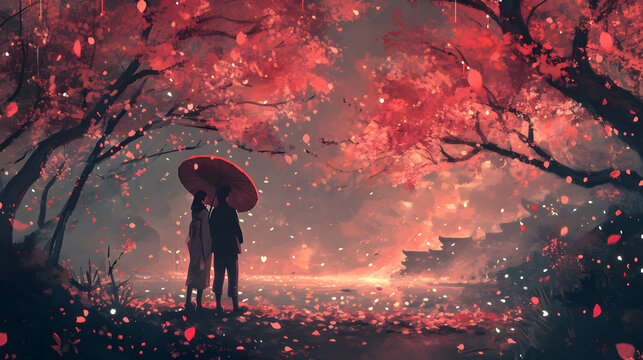Amidst the tranquil outdoor setting of a vibrant red-leaved tree, an anime couple takes shelter from the pouring rain, finding solace in each other's embrace