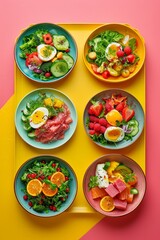 Vibrant salads with eggs and fruits on a bright yellow tray