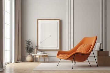 A 3D render of a frame mock-up in a beige interior with an orange lounge chair. Generative AI - obrazy, fototapety, plakaty