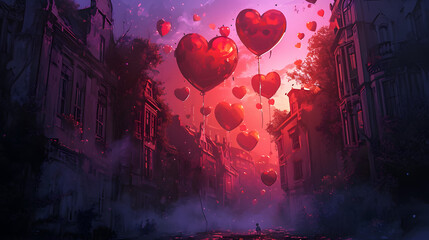 Capturing a screenshot of a whimsical moment, magenta heart-shaped balloons dance in the air, symbolizing love, joy, and endless possibilities