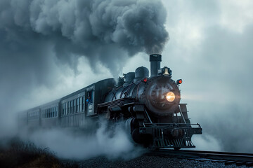 train with a steam and a whistle - obrazy, fototapety, plakaty