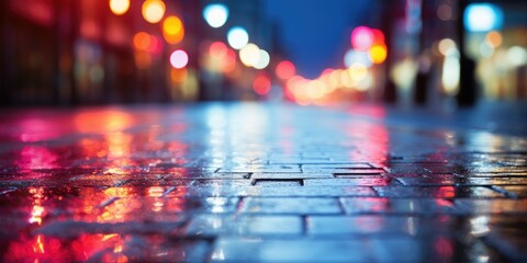 Blurred background of a wet city street at night - obrazy, fototapety, plakaty