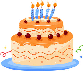 Three-tiered birthday cake with cherries and five lit candles, festive and colorful. Celebration, joyful dessert with confetti vector illustration.