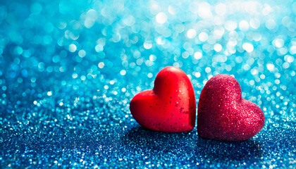Obraz premium Two Hearts On Blue Glitter In Shiny Background - Valentine's Day Concept