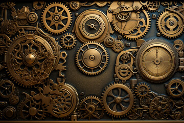 Fototapeta na wymiar steampunk-inspired wallpaper with gears and clockwork mechanisms