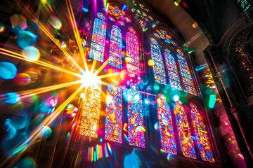 stained glass window with a religious motif and colorful light - obrazy, fototapety, plakaty
