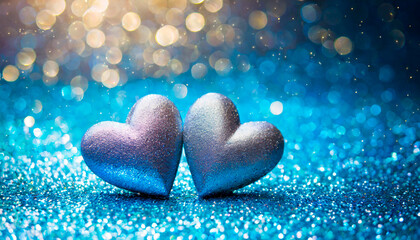Fototapeta premium Two Hearts On Blue Glitter In Shiny Background - Valentine's Day Concept
