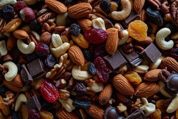 Sweet and salty trail mix, a perfect blend of nuts, dried fruits, and chocolate, creating a delightful harmony of flavors.