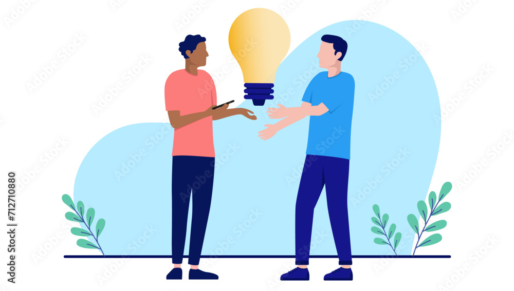 Aufkleber Coming up with idea - Flat design vector illustration of two people with big light bulb. Flat design vector illustration with white background