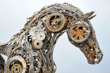 Fototapeta na wymiar sculpture of a horse made of metal wires and gears