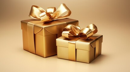 Gold color gift boxes with gold ribbons on a yellow background with out of focus lights, christmas, birthday concept