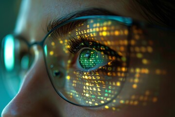 Close-up of an eye with a binary code reflection on glasses lens