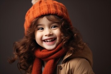 Portrait of a cute little girl in a warm hat and scarf