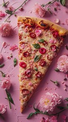 Obraz na płótnie Canvas A tantalizing pizza slice surrounded by delicate pink flowers, blending cuisine with florals
