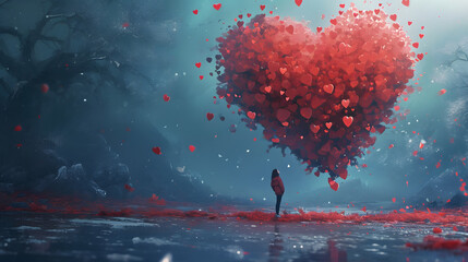A lone figure gazes up at a vibrant painting of a heart, encapsulating the essence of love and longing