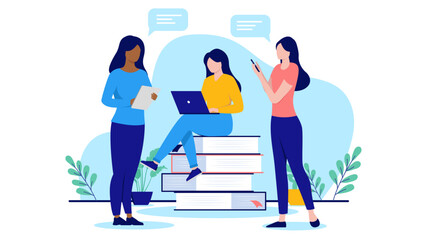 Women doing digital tech work - Team of three female characters using computer, tablet and phone, talking and doing research together. Flat design vector illustration with white background