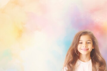 Fototapeta premium Little Girl With Long Hair Standing in Front of Colorful Background, copy space