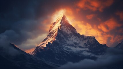 A mountain peak surrounded by swirling clouds at sunrise, with the first light of the day creating a surreal and dreamlike atmosphere -Generative Ai
