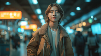 A young person walking in an airport with a bag. 