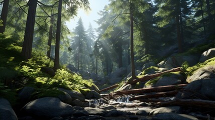 A mountain peak towering above a dense forest, with the sun casting beams of light through the canopy onto the forest floor  -Generative Ai
