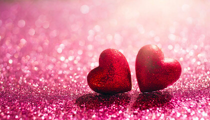 Fototapeta premium Two Hearts On Pink Glitter In Shiny Background - Valentine's Day Concept