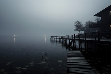 Fototapeta premium Wooden dock jutting into a lake on a foggy day