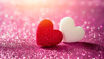 Fototapeta premium Two Hearts On Pink Glitter In Shiny Background - Valentine's Day Concept