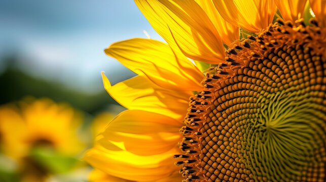 An image of a close-up of a sunflower growing in a sunflower field on a pleasant, cloudy summer day