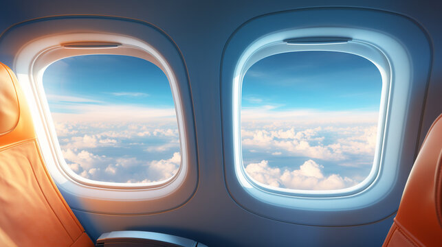 realistic photo , View looking through an airplane window ,airplane wing and clouds seen through plane windows , Generate AI