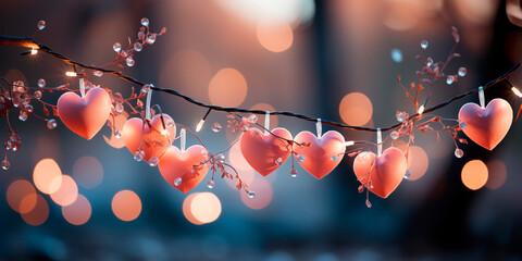 Garlands with lights and hearts with bokeh background. Valentines day background in pastel color....