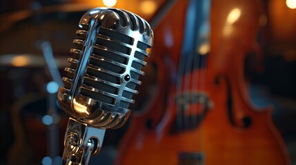 3D renderings and images showing a close-up of a vintage silver microphone and an instrument in a dark studio—a guitar and violin. - obrazy, fototapety, plakaty