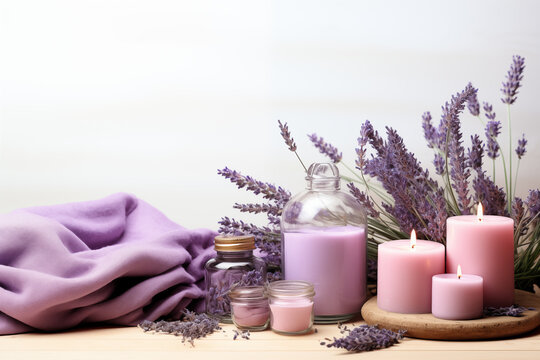 table with plates and candles decorated with lavender flowers. Purple aroma lavender candles on wooden table