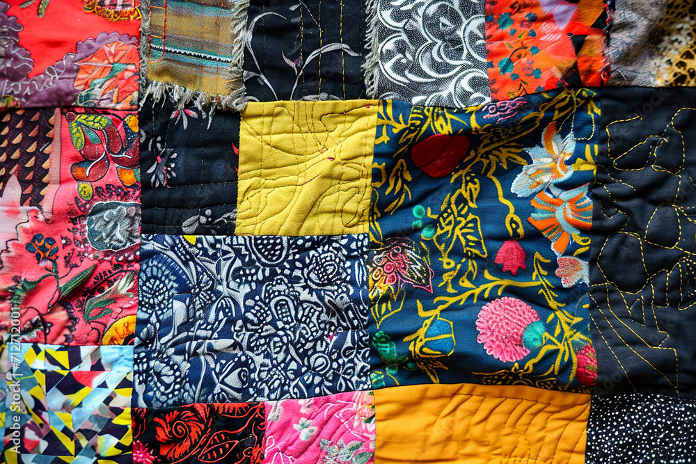 Poster quilt with patches of various fabrics and patterns